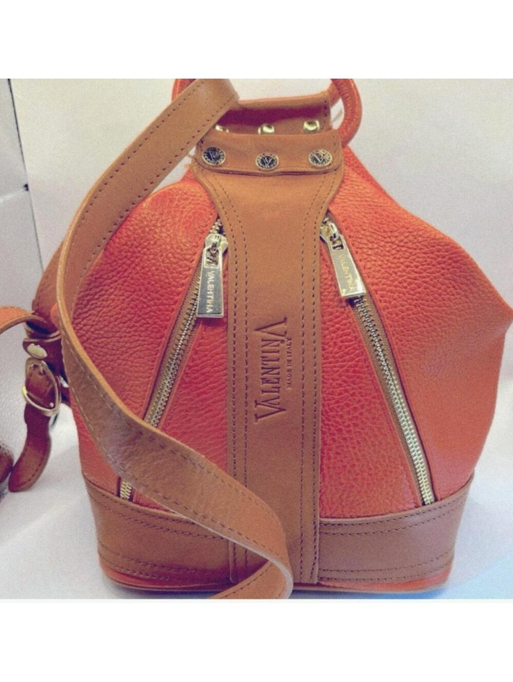 Valentina Backpack Bucket Shoulder Bag Convertible Leather Orange Tan Italy